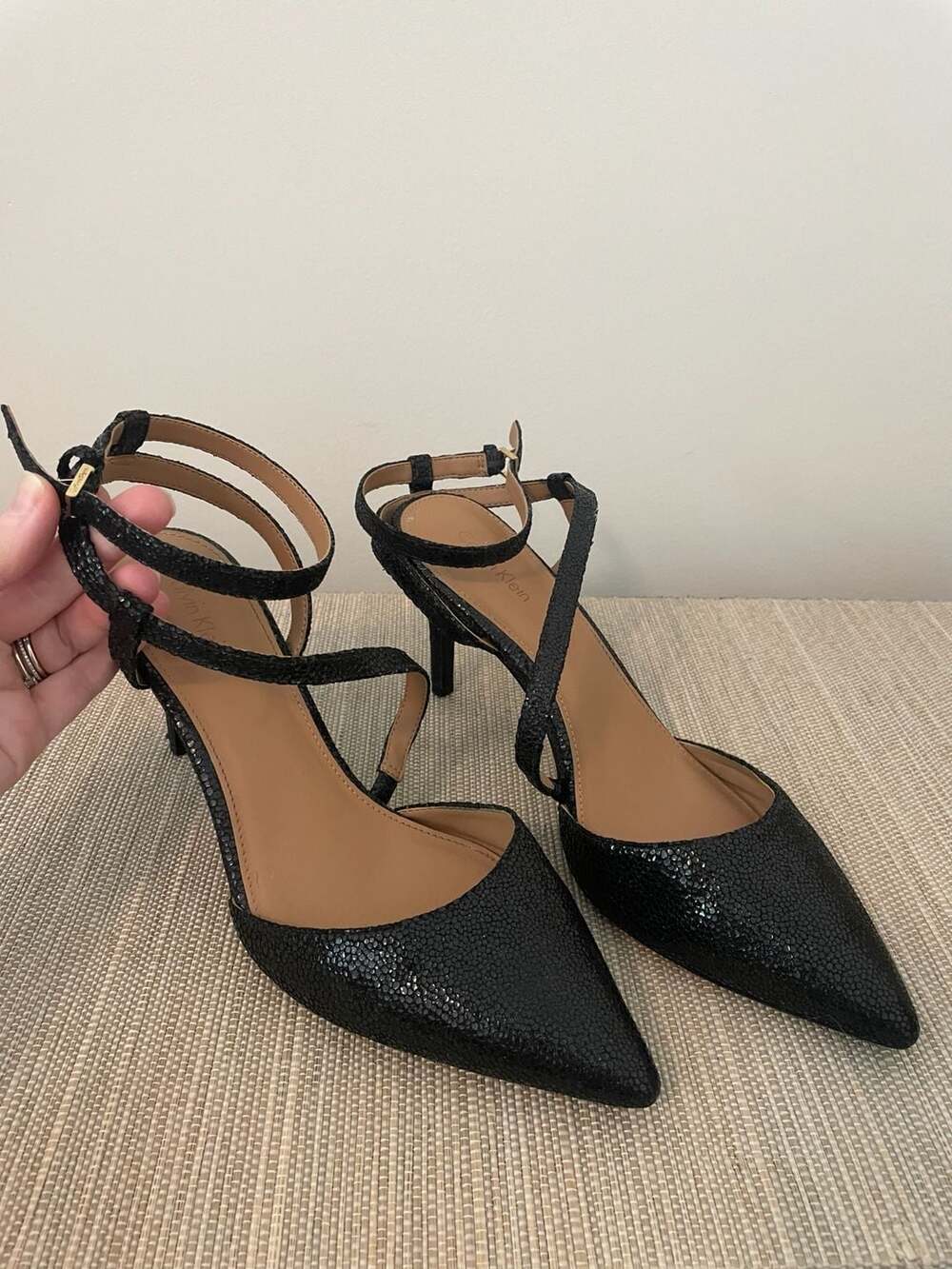 Calvin Klein Ganya Black Shimmer Strappy Kitten Pump Heels